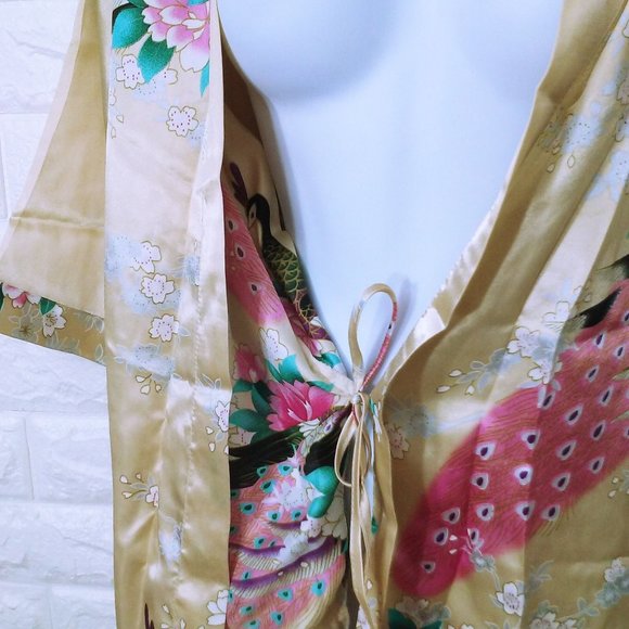 Peacocks Kimono Robe Dressing Gown -L Tie-Belts Poly-Satin Champagne Pink Flaw - Picture 8 of 10